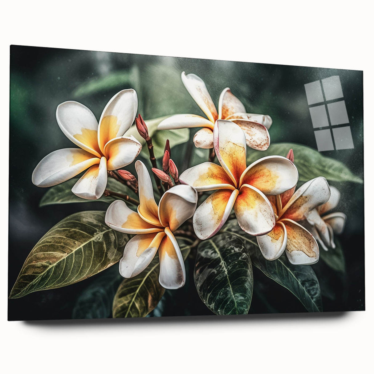 Vibrant botanical wall art collection featuring tropical flowers displayed in a sleek acrylic glass frame, showcasing intricate details and vivid colors. Ideal for enhancing interior decor.