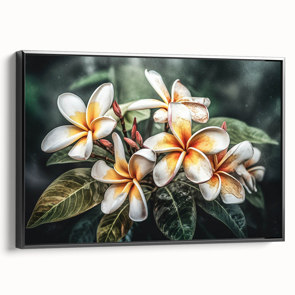 Framed wall art featuring a vibrant botanical tropical flower design with lush green leaves and a black frame, ideal for adding a touch of nature to home decor.