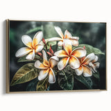 Framed botanical wall art showcasing vibrant tropical flowers in gold accents, designed for elegant home decor, perfect for enhancing interior aesthetics.