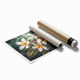 Tropical botanical wall art print showcasing vibrant flowers in a rolled format, perfect for home decor. Features rich colors and intricate details, ideal for nature lovers.