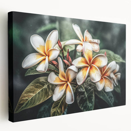 Vibrant tropical flower wall art design on stretched canvas, showcasing rich colors and intricate botanical details, perfect for home decor enhancement.