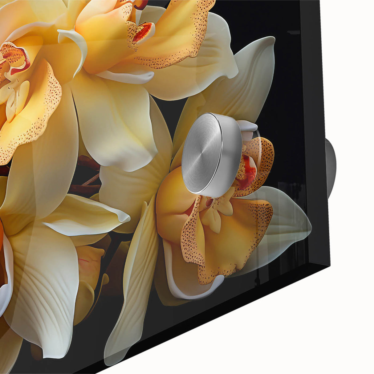 Close-up of a vibrant tropical botanical wall art piece showcasing colorful flowers with intricate details, designed for modern home decor. Ideal for brightening living spaces.