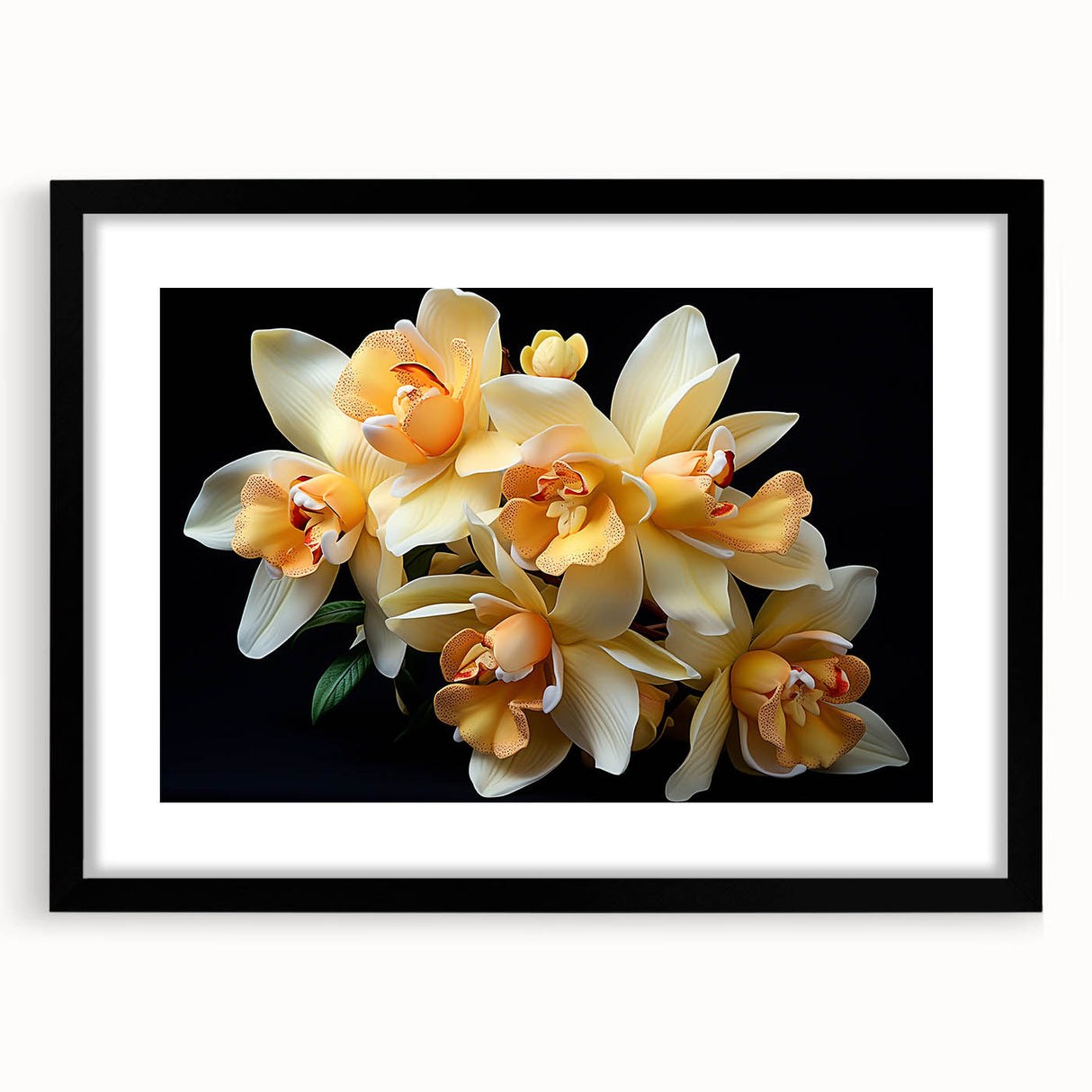 Tropical botanical flower design wall art collection featuring a black frame and mat, showcasing vibrant colors and intricate floral details, ideal for home decor.
