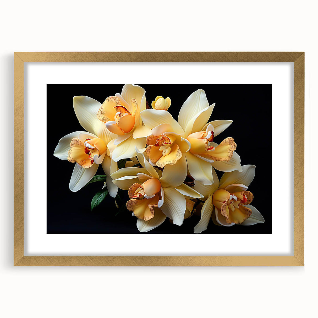 Tropical botanical wall art featuring vibrant flowers in a gold frame with a mat, showcasing a stylish design perfect for home decor. Ideal for nature lovers.