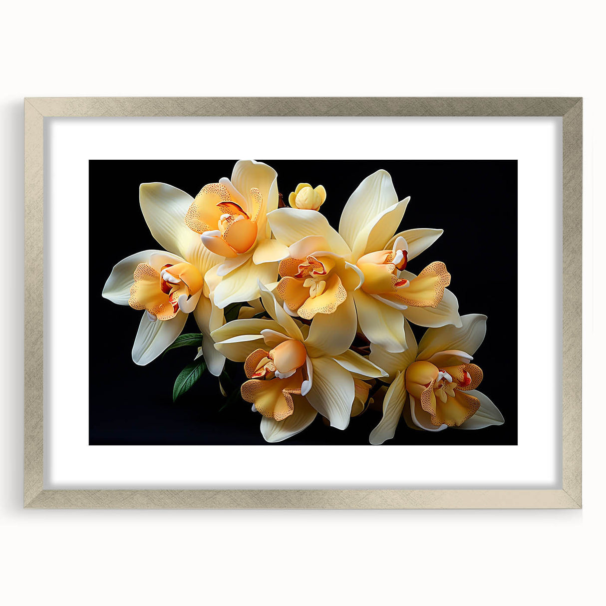 Botanical tropical flower wall art collection featuring vibrant floral designs in a silver frame with a mat, perfect for home decor and enhancing interior aesthetics.