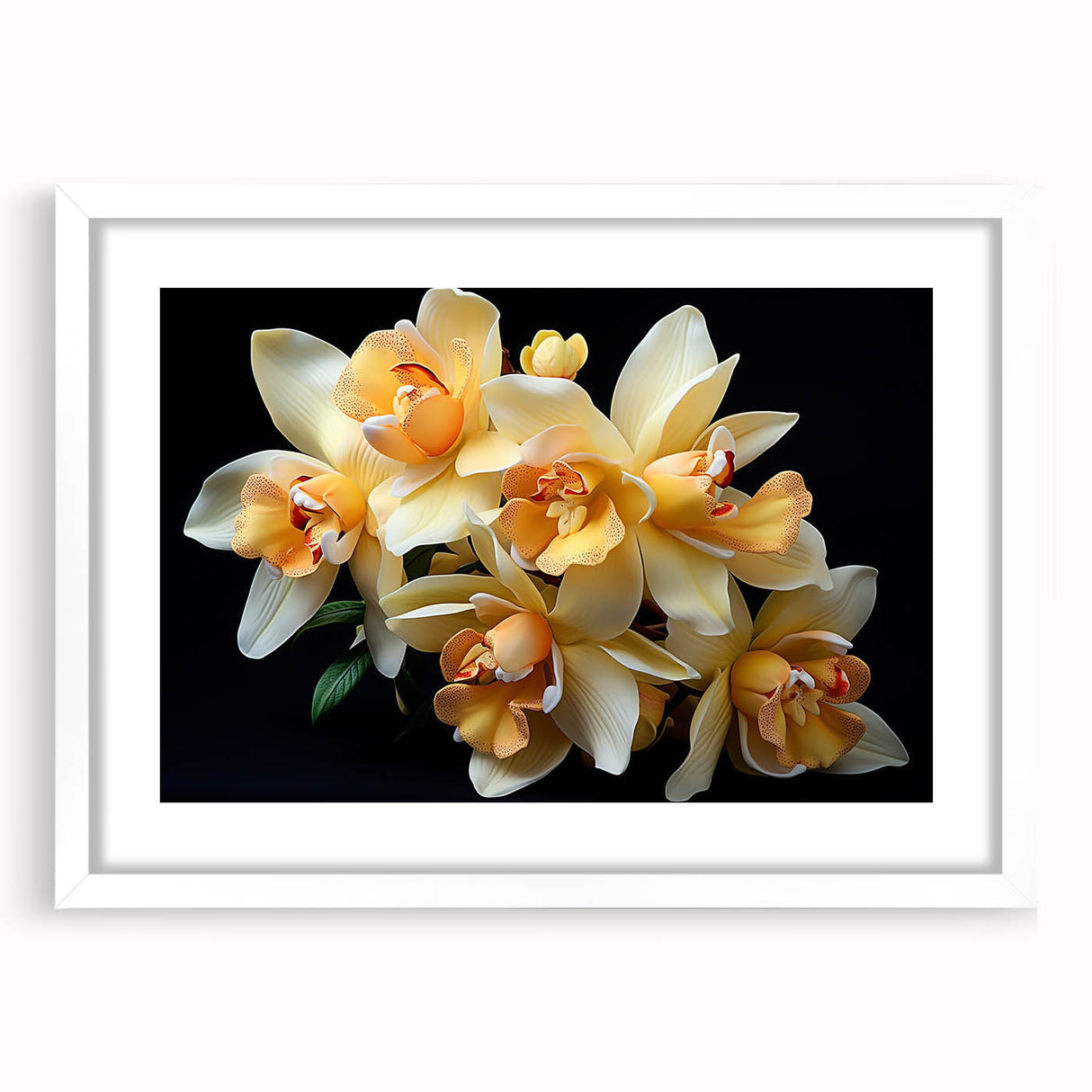 Tropical botanical flower wall art design featuring vibrant colors in a white frame with matting, perfect for home decor and nature enthusiasts.