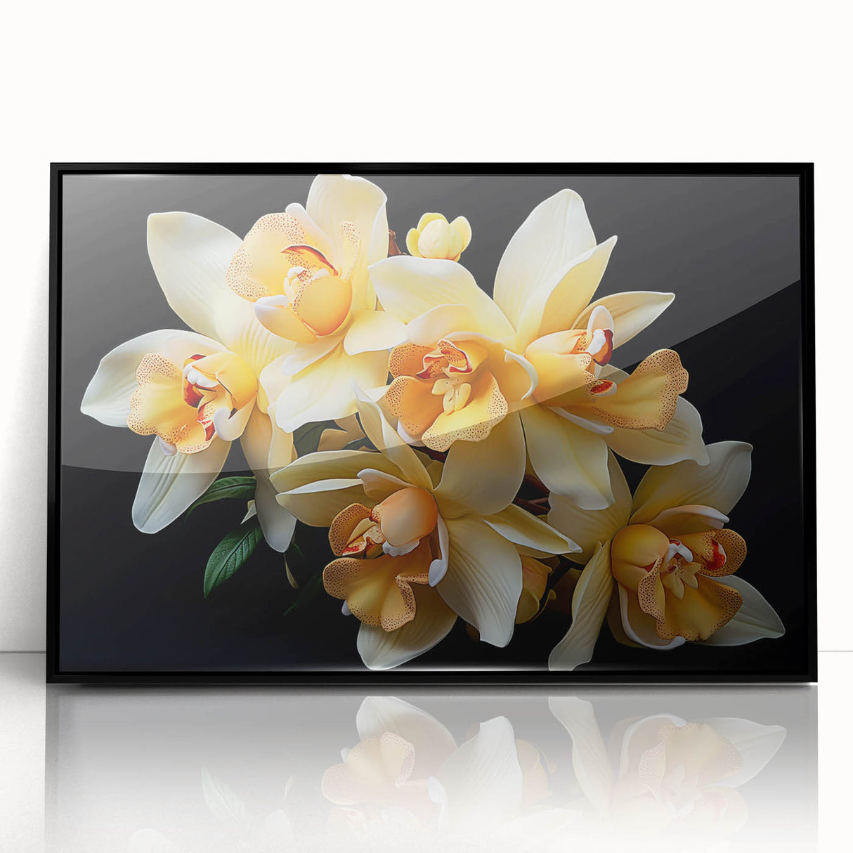 Framed wall art showcasing a vibrant tropical flower design with rich colors and intricate botanical details, presented in a sleek black frame, ideal for home decor.