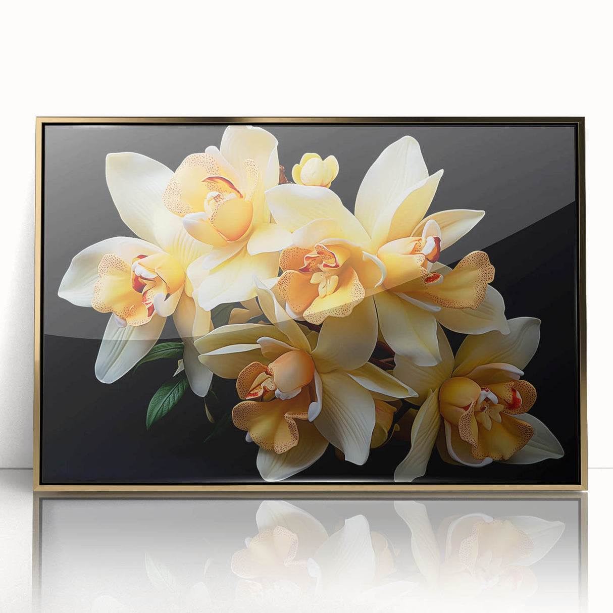 Framed wall art showcasing a vibrant tropical flower design in shades of pink and green, set in an elegant gold frame, perfect for botanical decor enthusiasts.