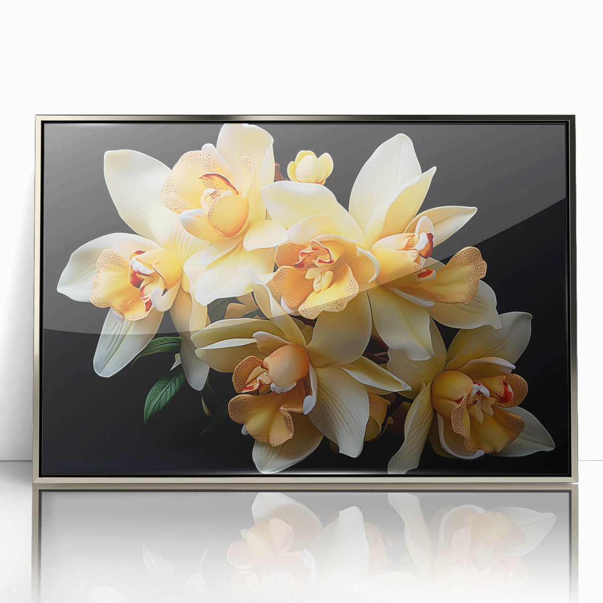 Framed wall art showcasing a vibrant botanical tropical flower design in silver acrylic, perfect for enhancing modern home decor with a touch of nature.