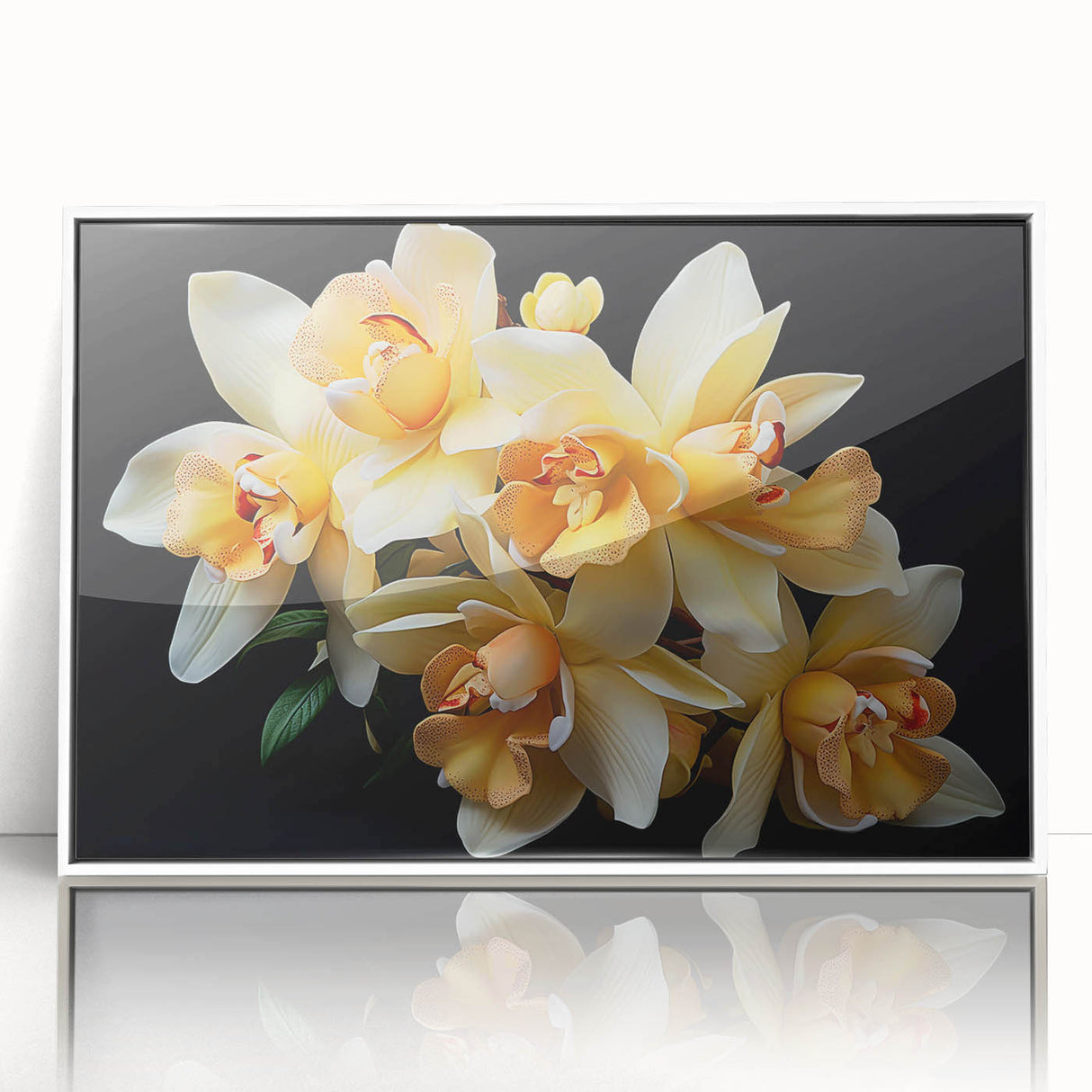 Framed wall art featuring a vibrant botanical tropical flower design in acrylic, highlighting intricate details and bright colors on a white background. Perfect for home decor.