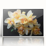 Framed wall art featuring a vibrant botanical tropical flower design in acrylic, highlighting intricate details and bright colors on a white background. Perfect for home decor.