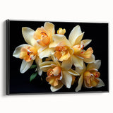 Framed canvas wall art showcasing a vibrant tropical flower design with bold colors, set against a sleek black frame for a modern touch. Ideal for home decor.
