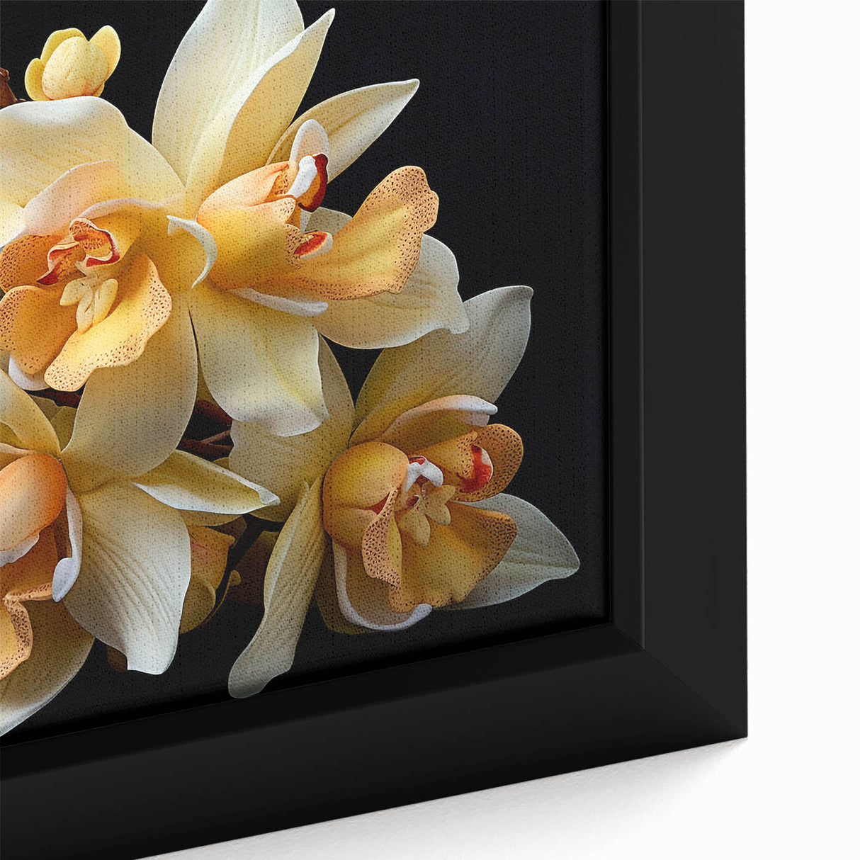 Close-up of a vibrant framed canvas showcasing a botanical tropical flower design with rich colors and intricate details, perfect for enhancing home décor and interior design.