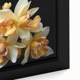 Close-up of a vibrant framed canvas showcasing a botanical tropical flower design with rich colors and intricate details, perfect for enhancing home décor and interior design.