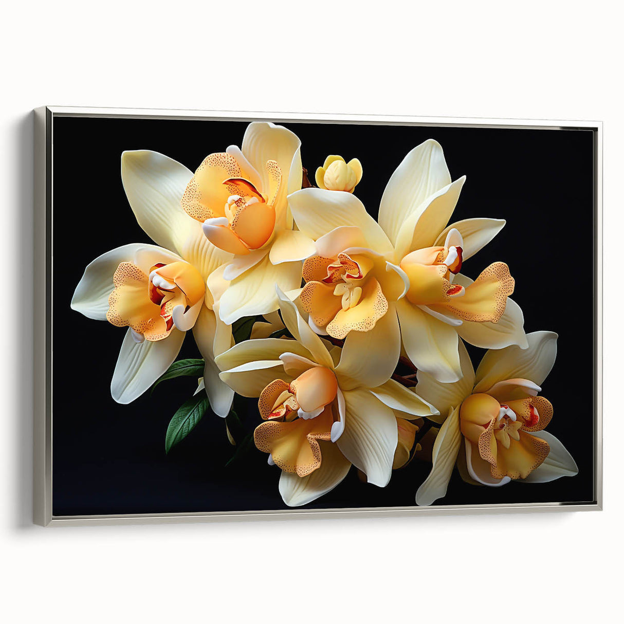 Framed botanical wall art featuring a vibrant tropical flower design in shades of pink and green, showcased from a side view with a sleek silver frame, ideal for brightening up any space.