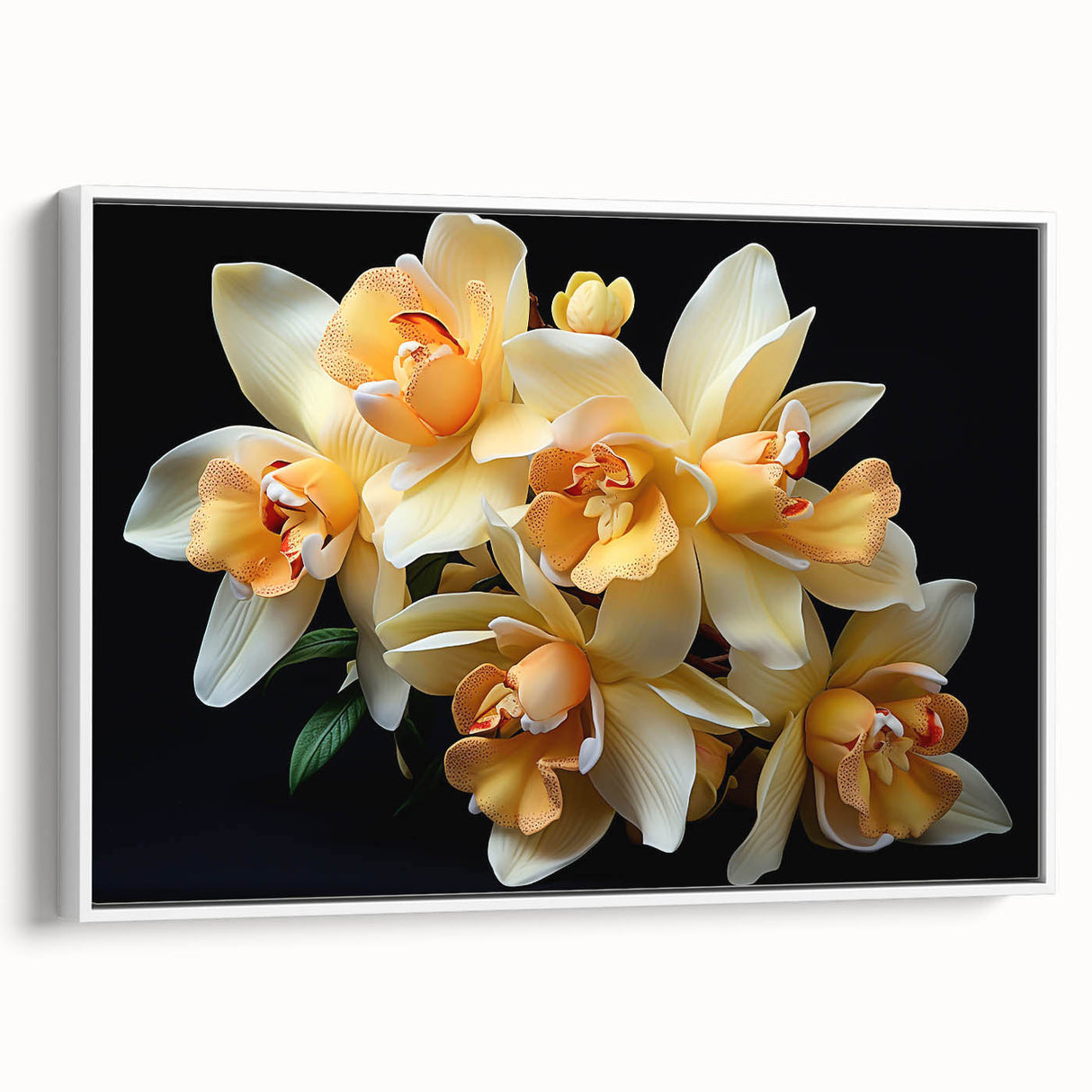 Framed canvas wall art showcasing a vibrant tropical flower design with intricate botanical details, presented in a sleek white frame, ideal for brightening home decor.
