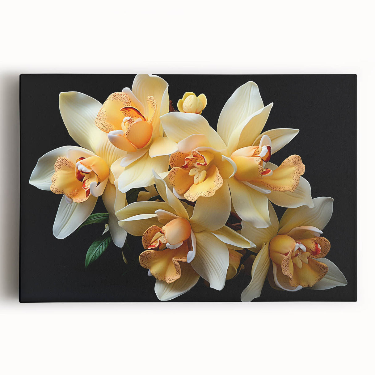 Vibrant stretched canvas wall art depicting a botanical design featuring tropical flowers in rich colors, perfect for enhancing any room's decor with a touch of nature.