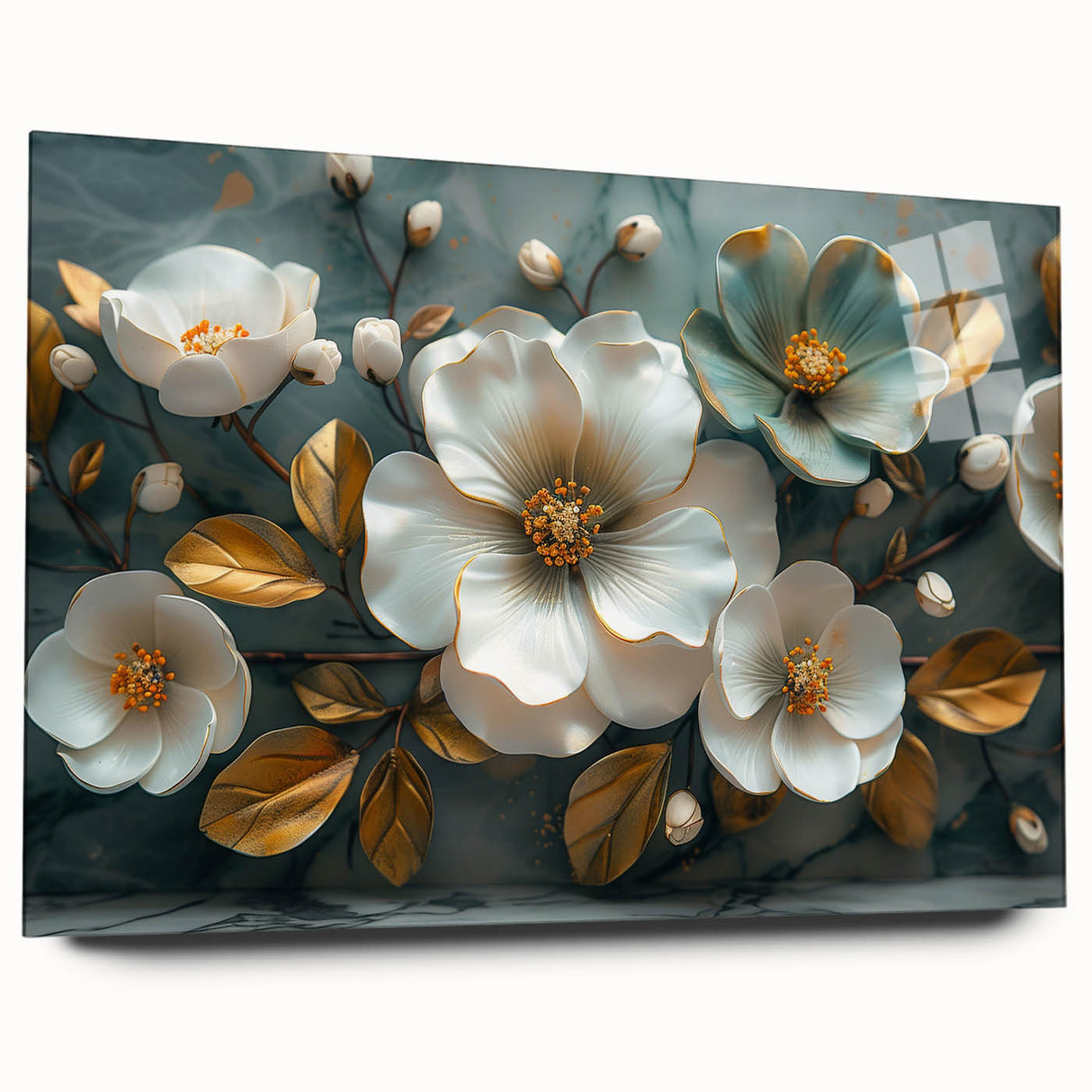Acrylic glass wall art showcasing a vibrant botanical design of tropical flowers, displayed in a side view, highlighting its modern aesthetic and intricate details.