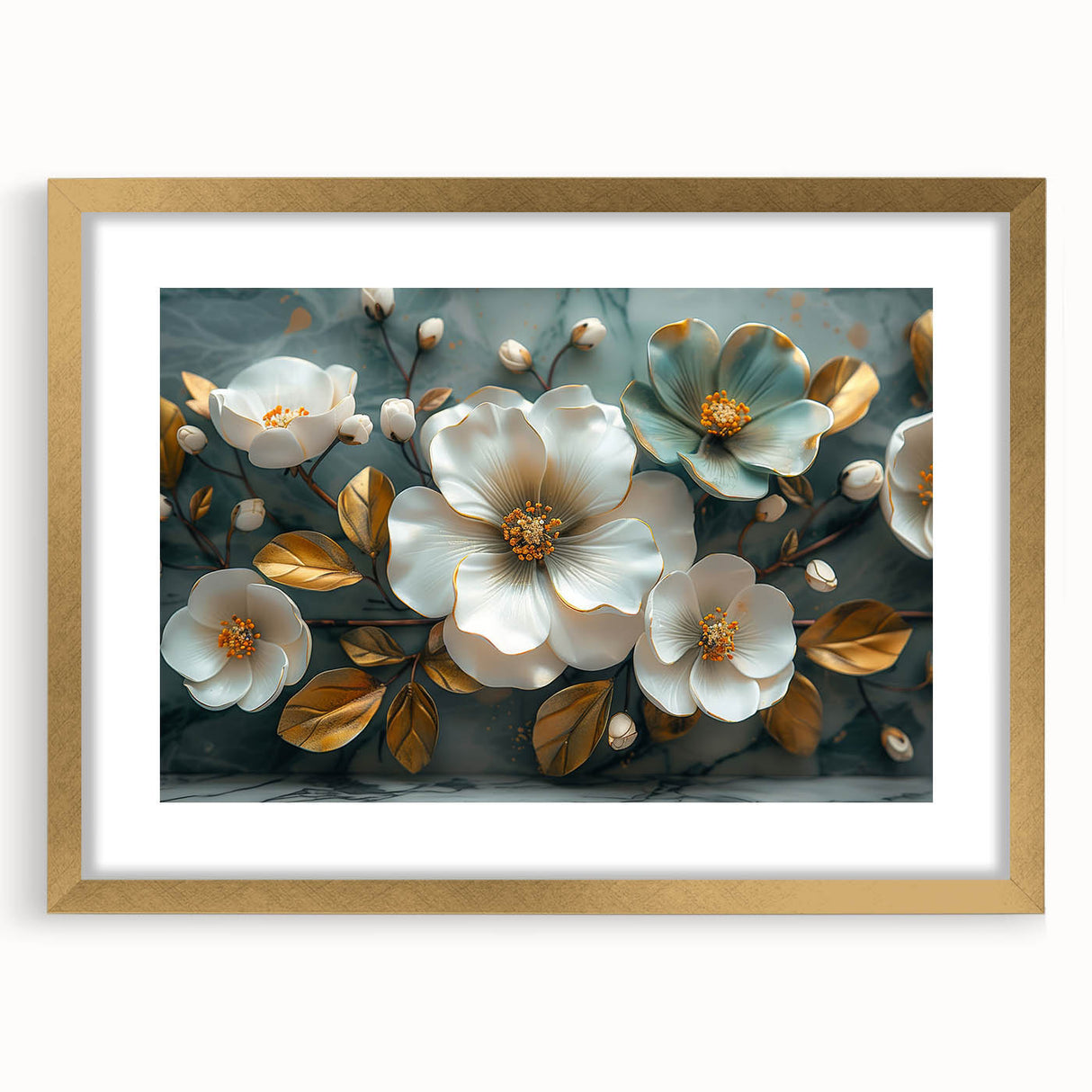 Tropical botanical wall art collection featuring vibrant flowers in a gold frame with a mat, ideal for home decor and adding an elegant touch to interiors.