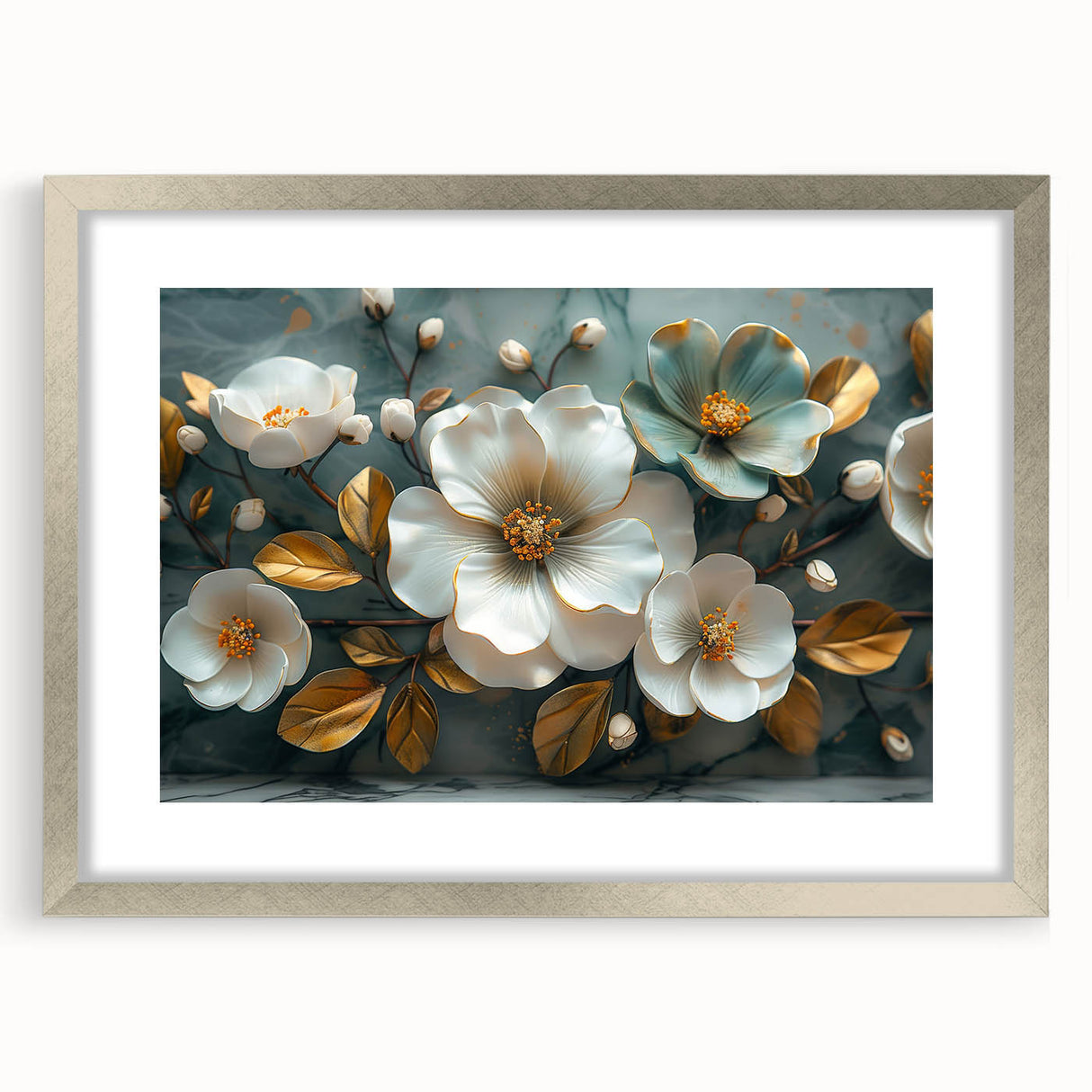 Tropical botanical flower wall art collection framed with a silver mat, showcasing vibrant colors and intricate floral designs, ideal for home decor.