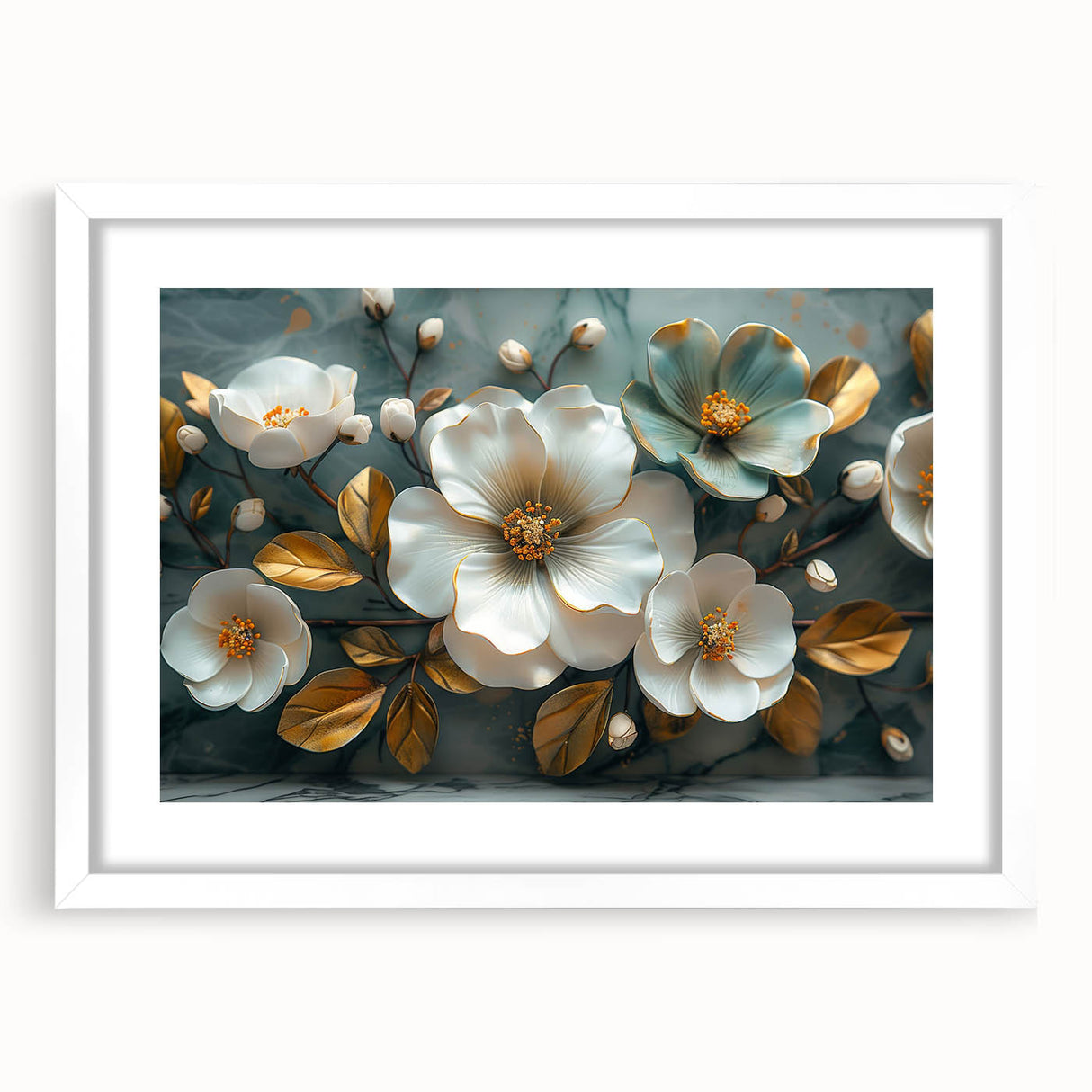 Tropical botanical wall art collection featuring vibrant flowers in a white frame with a mat, perfect for modern decor and adding a touch of nature to any space.