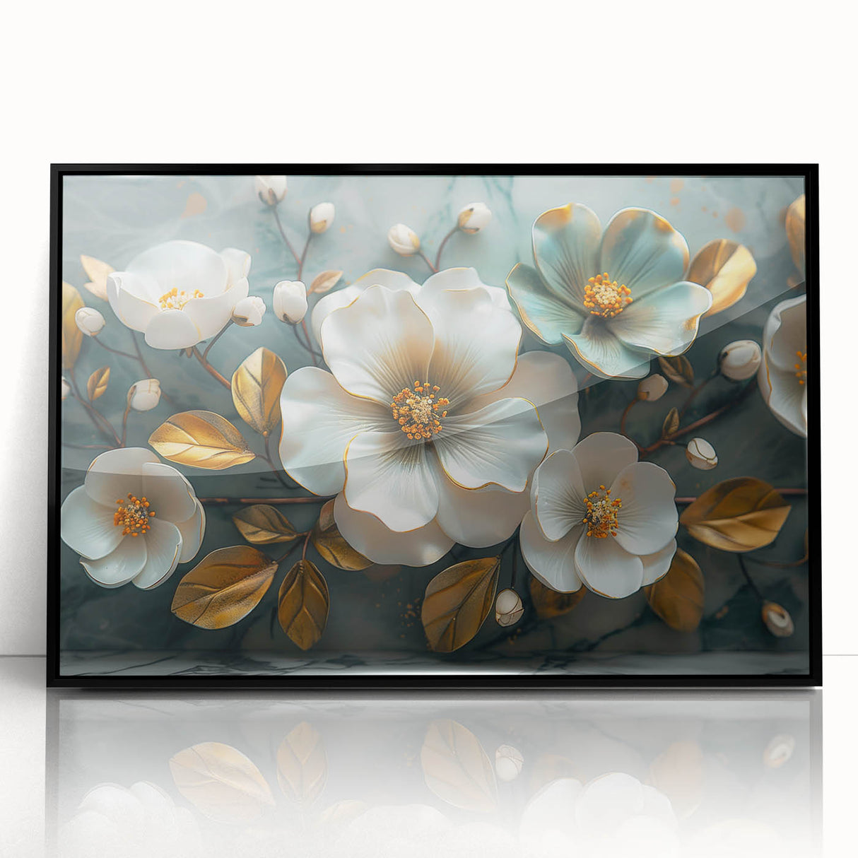 Framed wall art featuring a vibrant botanical tropical flower design, showcasing vivid colors and intricate details, set in a sleek black frame for modern decor.