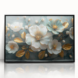 Framed wall art featuring a vibrant botanical tropical flower design, showcasing vivid colors and intricate details, set in a sleek black frame for modern decor.