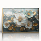 Framed wall art featuring a vibrant botanical tropical flower design with gold accents, showcasing intricate floral details and rich colors, perfect for home decor.