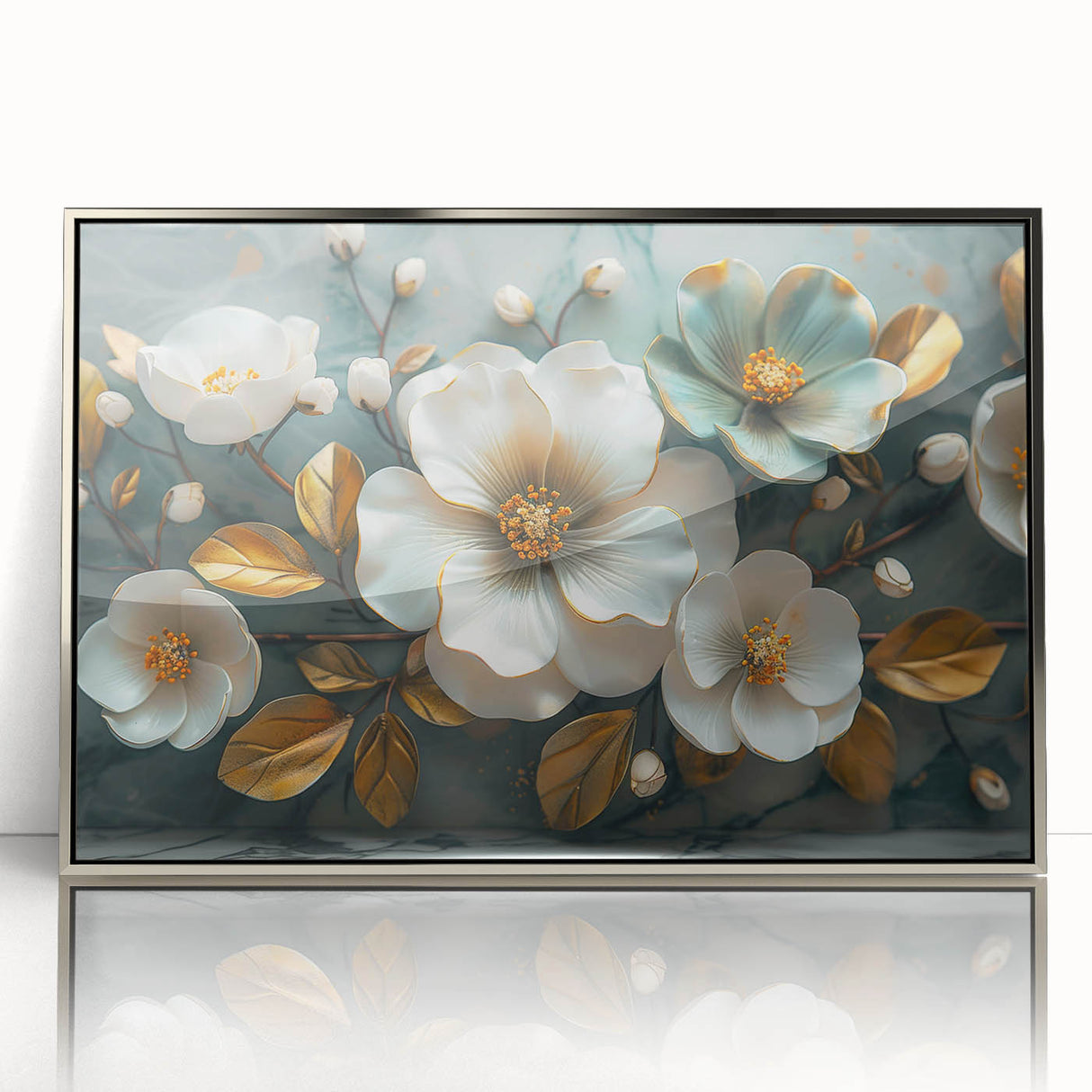 Framed wall art featuring a vibrant tropical flower design in a botanical style, accented with a sleek silver frame, perfect for home decor.