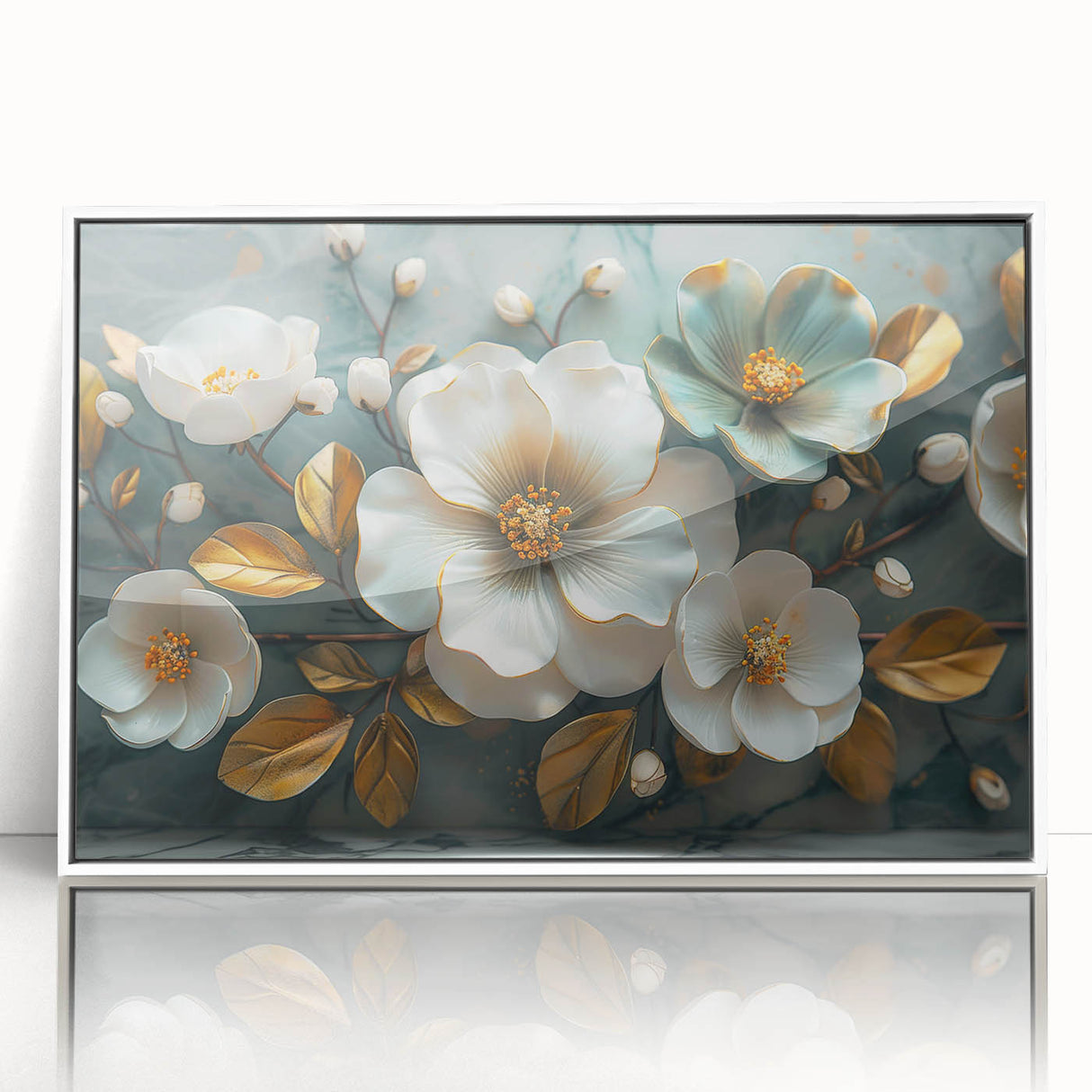 Framed wall art showcasing a vibrant botanical tropical flower design with detailed colors and textures, set against a sleek white background, ideal for home decor.