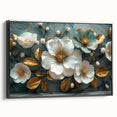 Framed canvas wall art featuring a vibrant tropical flower design with botanical elements, showcasing rich colors and intricate details, ideal for home decor.