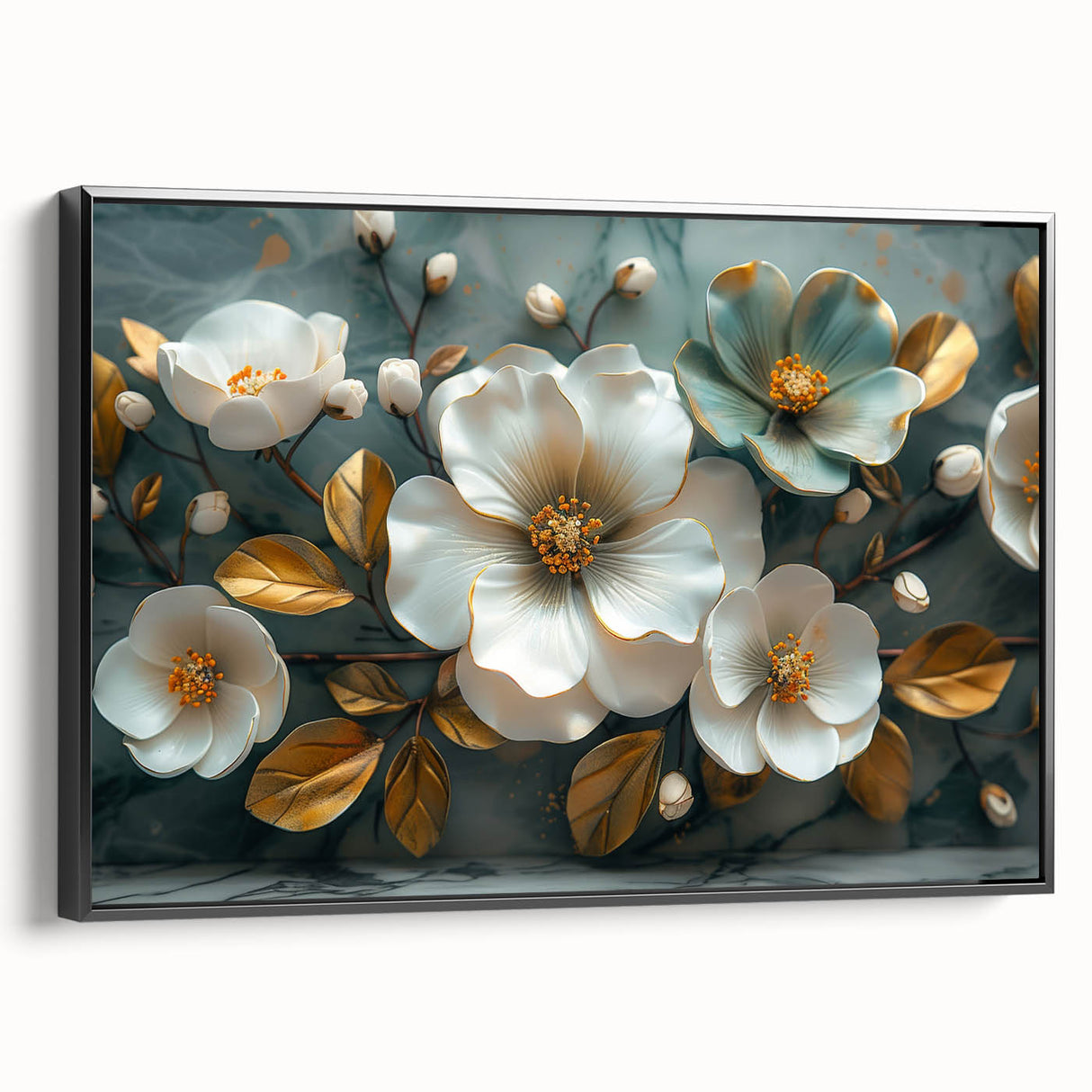 Framed canvas wall art featuring a vibrant tropical flower design with botanical elements, showcasing rich colors and intricate details, ideal for home decor.