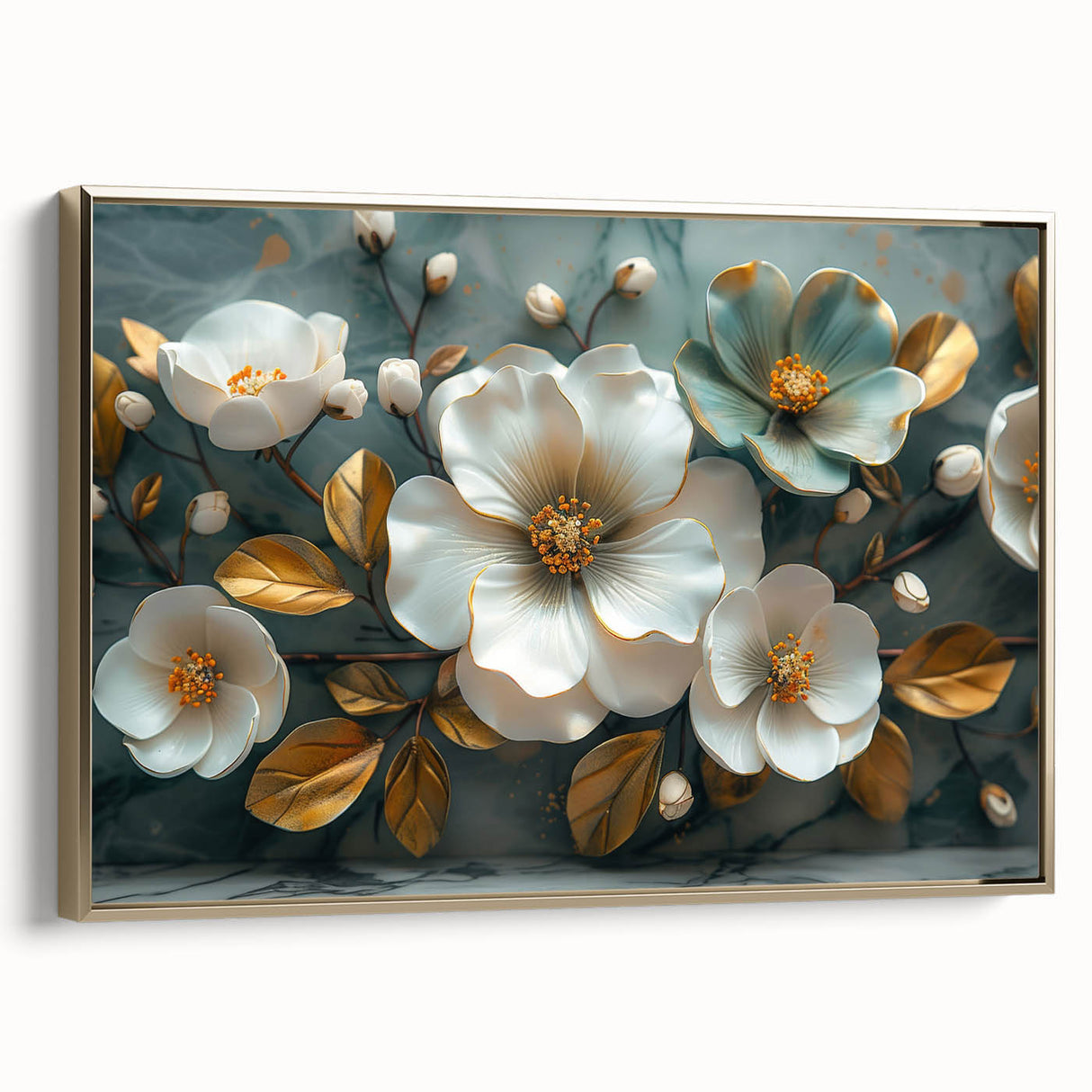 Framed canvas wall art showcasing a vibrant tropical flower design with gold accents, perfect for adding a touch of botanical elegance to home decor.