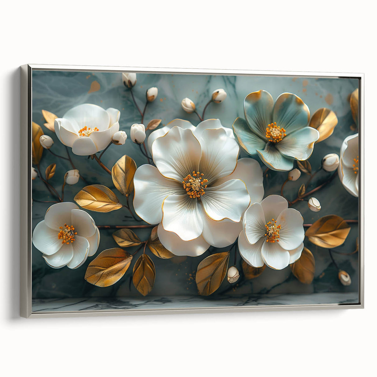 Framed canvas wall art featuring a vibrant tropical flower design in shades of pink and green, elegantly displayed with a silver frame, adding a touch of botanical beauty to any space.