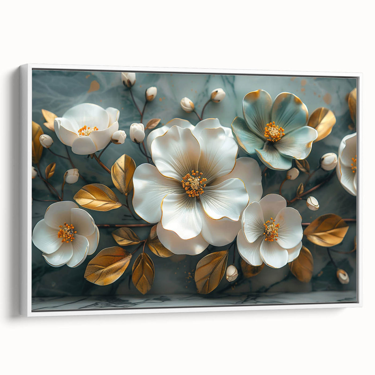 Framed wall art showcasing a vibrant botanical design of tropical flowers in a white frame, ideal for enhancing modern home decor with a touch of nature.