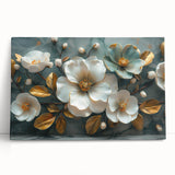 Tropical botanical wall art featuring vibrant, colorful flowers on a stretched canvas, elegantly leaning against a neutral wall, adding a lively touch to any decor.