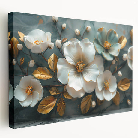Tropical botanical wall art on stretched canvas, showcasing vibrant flowers in rich colors. Ideal for home decor, adding a touch of nature to any space.