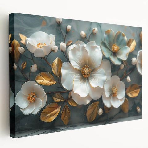 Tropical botanical wall art on stretched canvas, showcasing vibrant flowers in rich colors. Ideal for home decor, adding a touch of nature to any space.