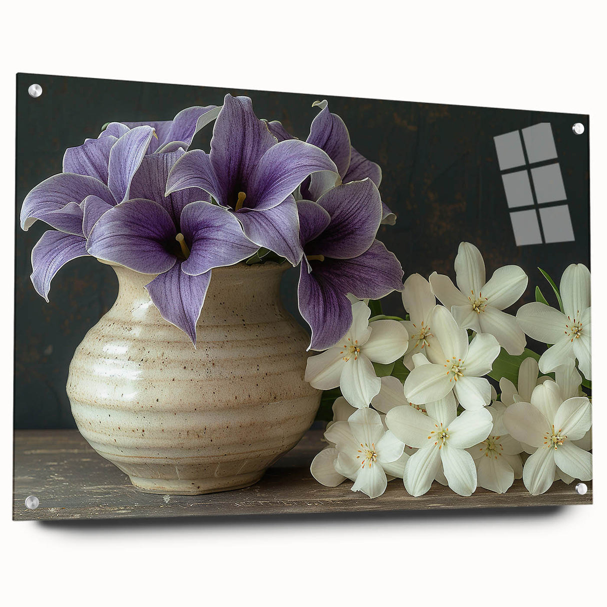 Colorful botanical tropical flower wall art design displayed in an acrylic glass frame, showcasing intricate details and vibrant hues, perfect for home decor.