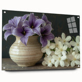 Colorful botanical tropical flower wall art design displayed in an acrylic glass frame, showcasing intricate details and vibrant hues, perfect for home decor.