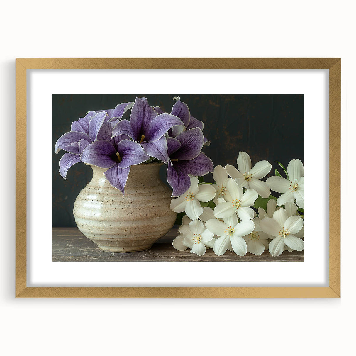 Tropical botanical wall art featuring vibrant flowers in a gold frame with matting, ideal for home decor and adding a touch of nature to interiors.
