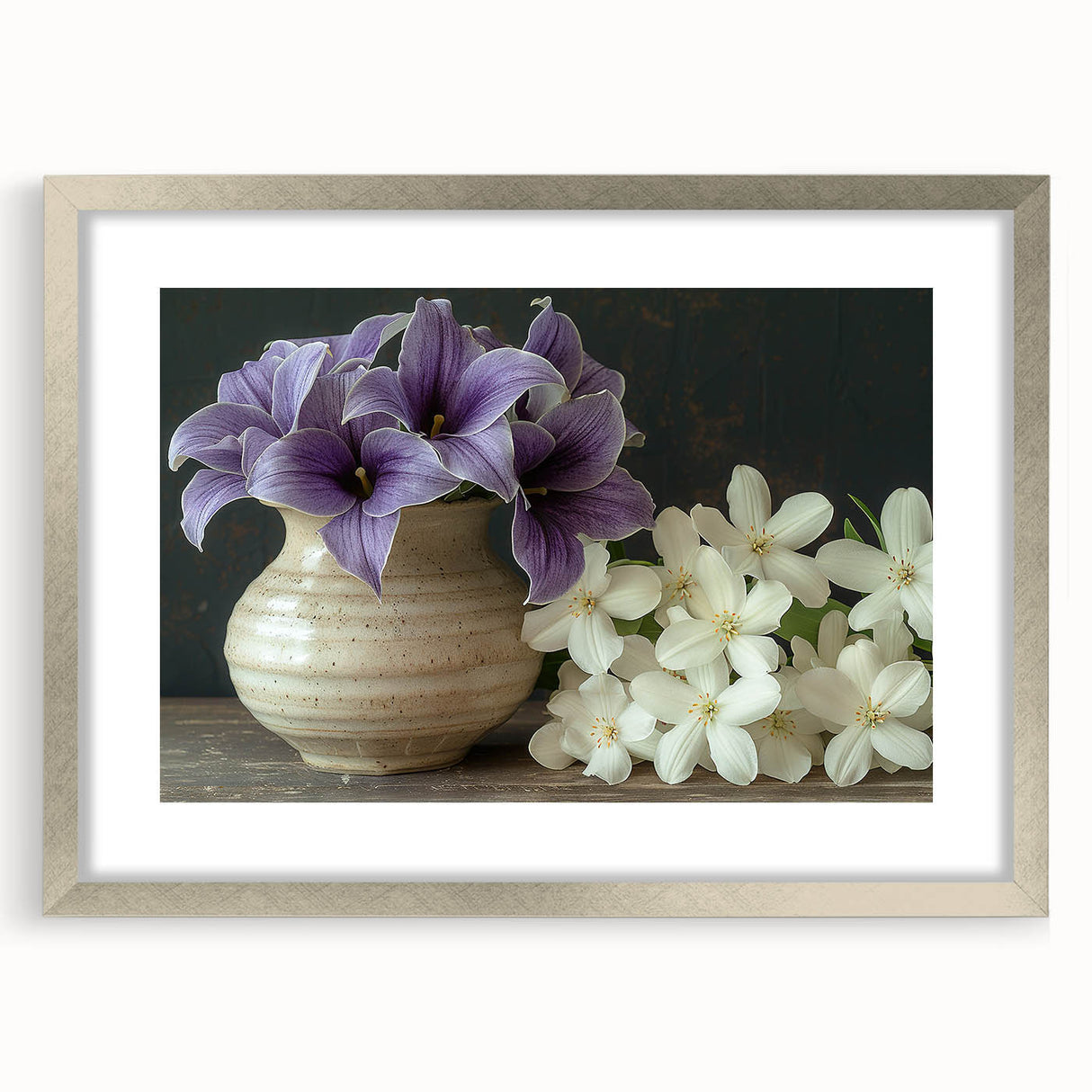 Botanical tropical flower wall art collection featuring a silver-framed design with a mat. This vibrant artwork showcases lush floral imagery, ideal for home decor.