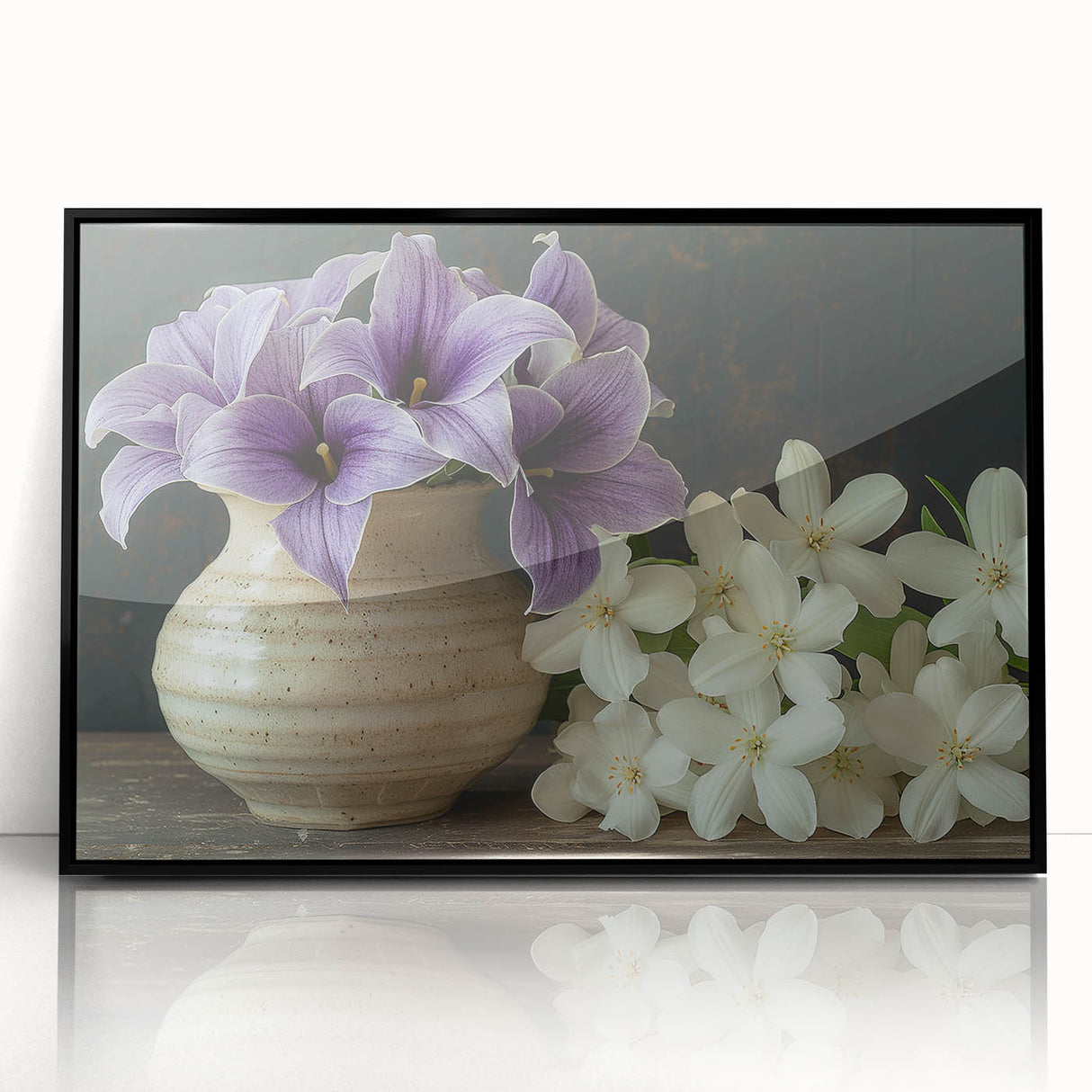 Framed acrylic wall art showcasing a vibrant collection of tropical botanical flowers in black, perfect for enhancing modern home decor.