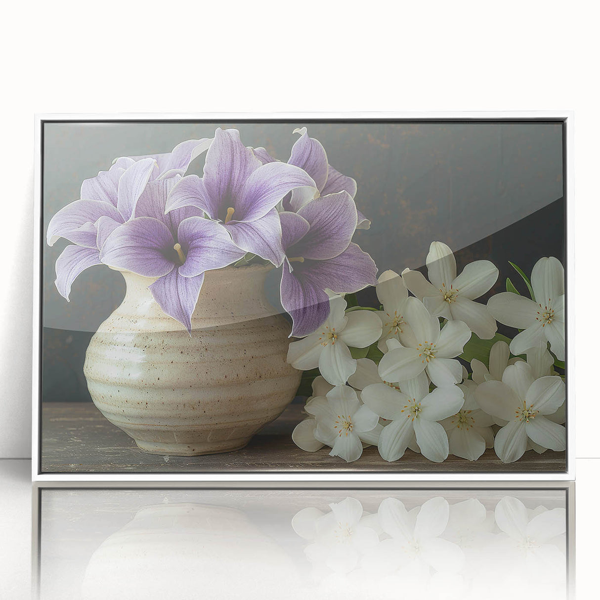 Framed wall art featuring a vibrant tropical flower design with intricate botanical details, displayed in a white frame, ideal for modern home decor.