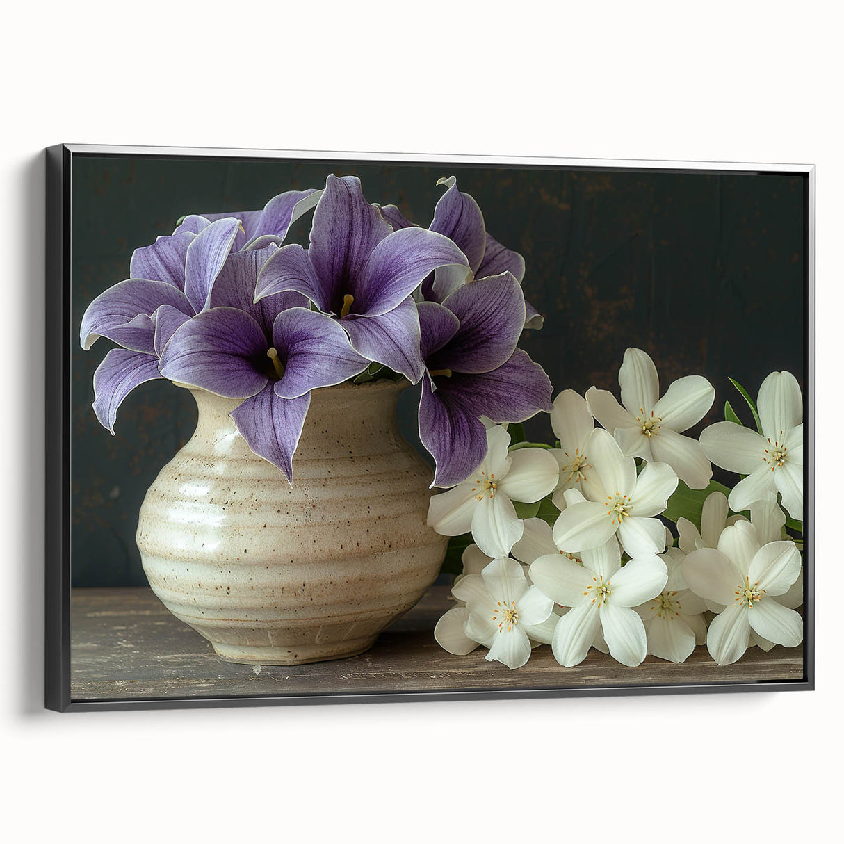 Framed botanical wall art featuring vibrant tropical flowers on a black background, showcasing a side view of the canvas design for modern decor enthusiasts.