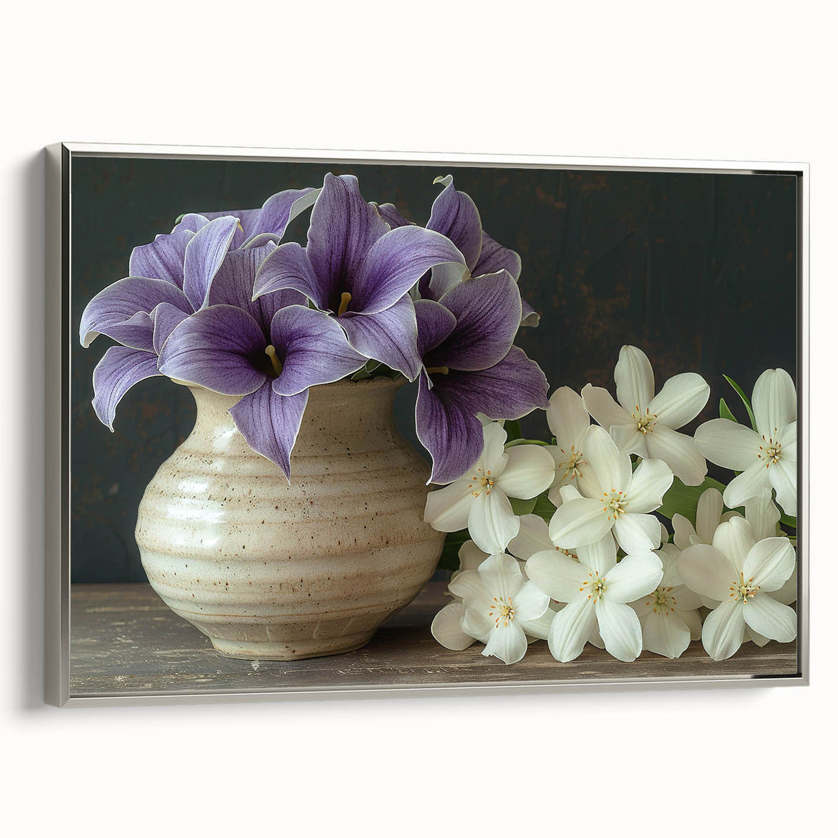 Framed canvas showcasing a vibrant botanical tropical flower design, featuring rich colors and intricate details, perfect for enhancing modern decor. Silver frame adds elegance.