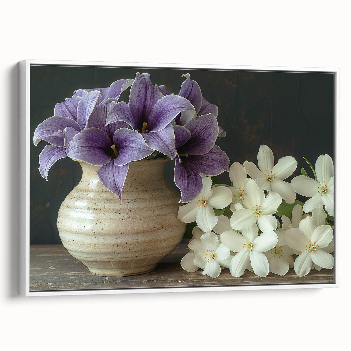 Framed wall art featuring a vibrant botanical tropical flower design in a sleek white frame, showcasing colorful flowers and lush green foliage, perfect for home decor.