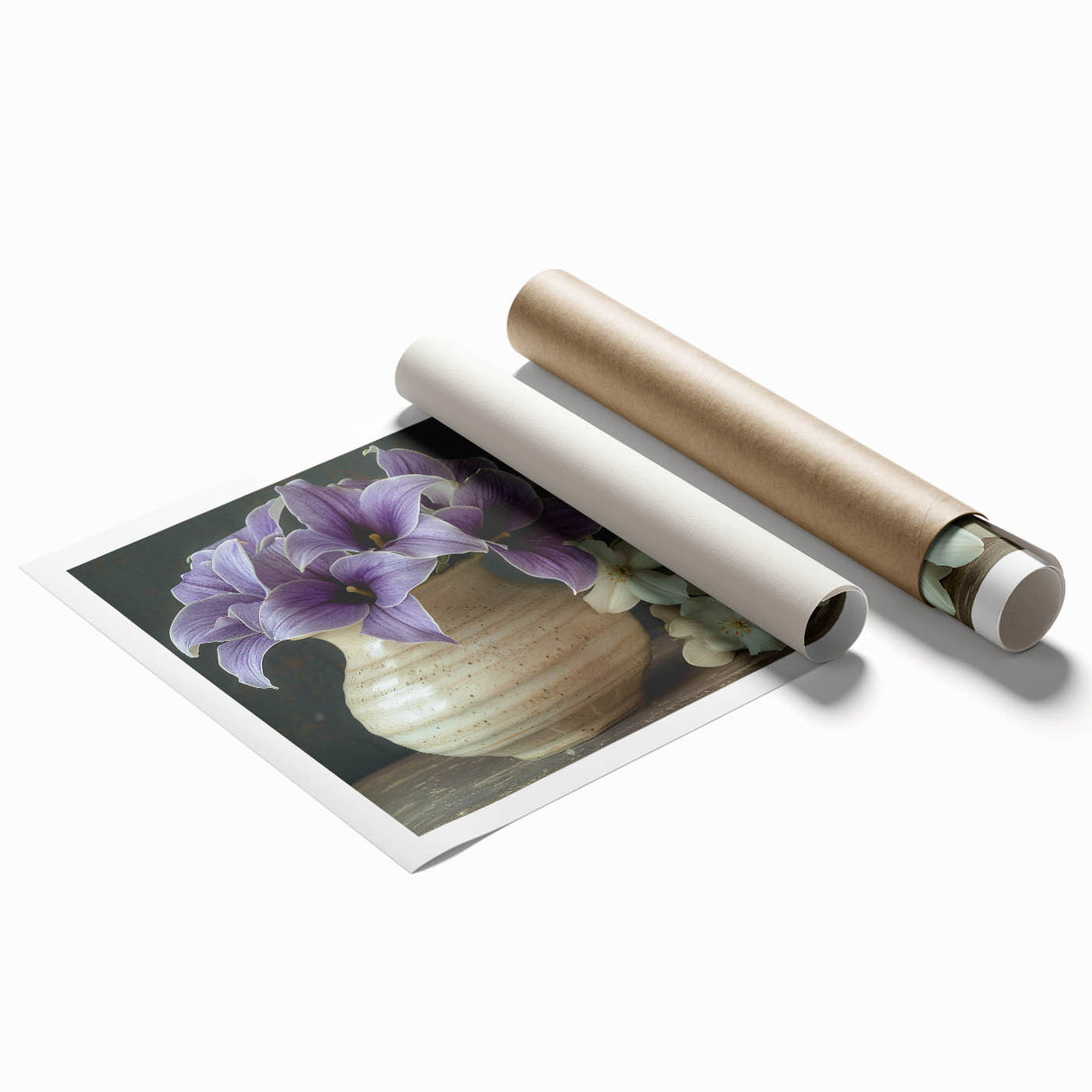 Tropical botanical wall art print featuring vibrant flowers with intricate details, ideal for home decor. Rolled for easy framing and display.
