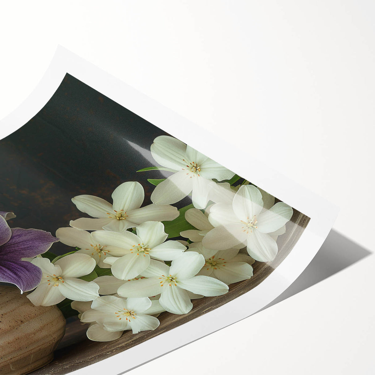Tropical botanical wall art print showcasing vibrant, colorful flowers with intricate details, designed for interior decoration, rolled for easy framing.
