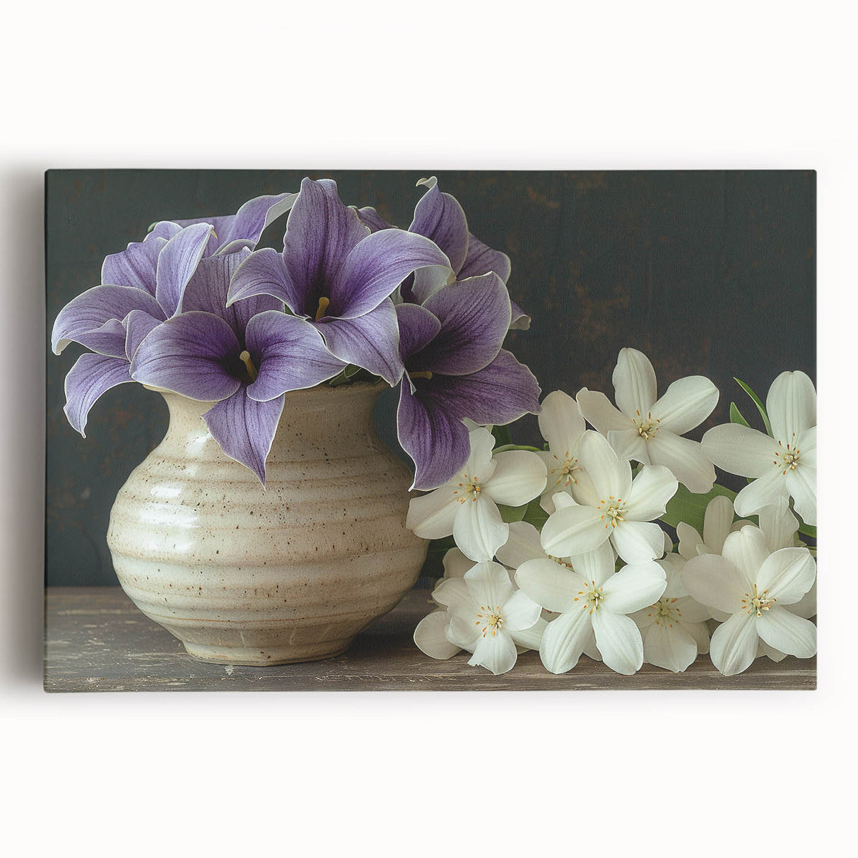 Tropical botanical flower design on stretched canvas, showcasing vibrant colors and intricate details, ideal for enhancing home décor or art collections.